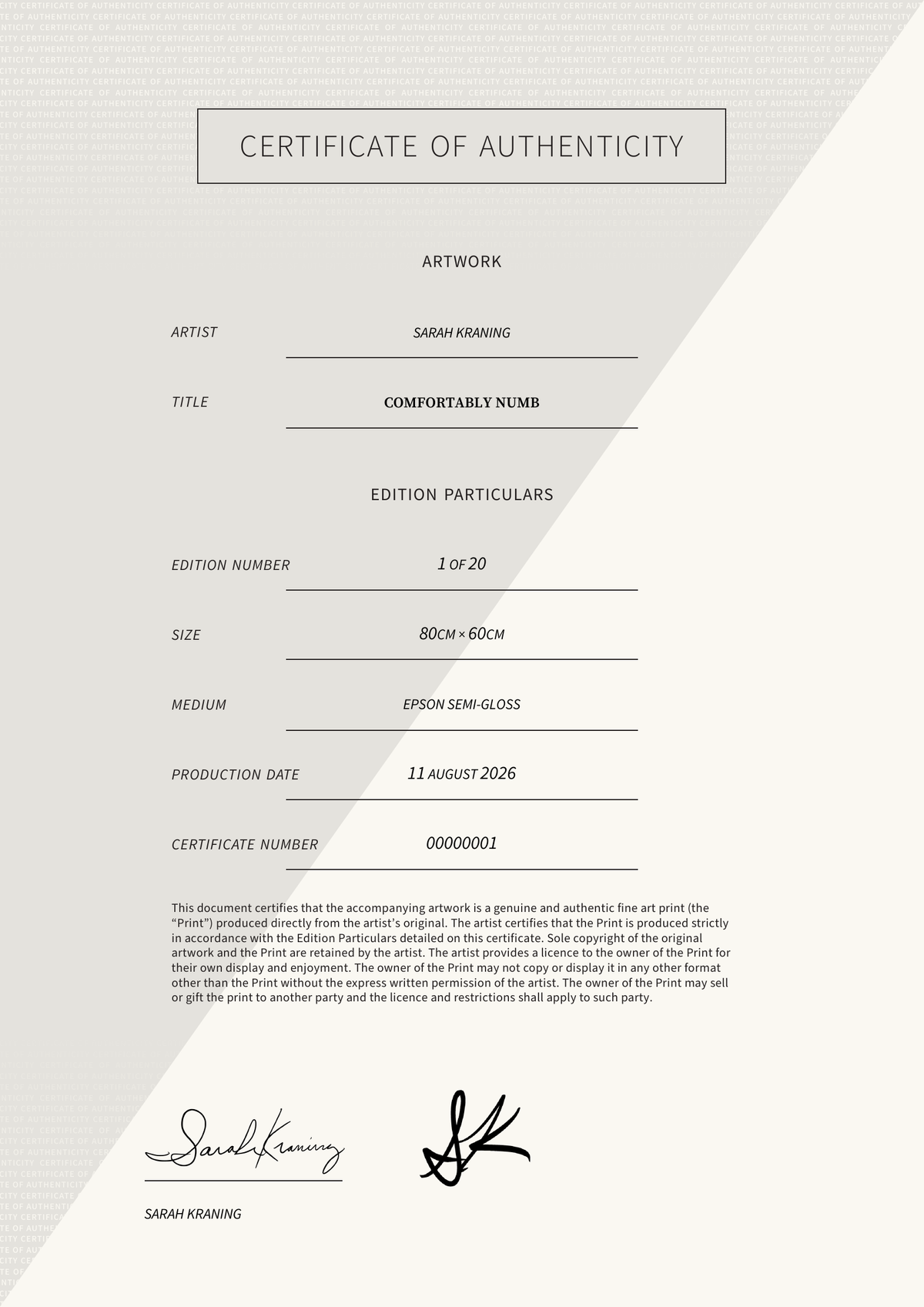 Comfortably Numb — Certificate of Authenticity